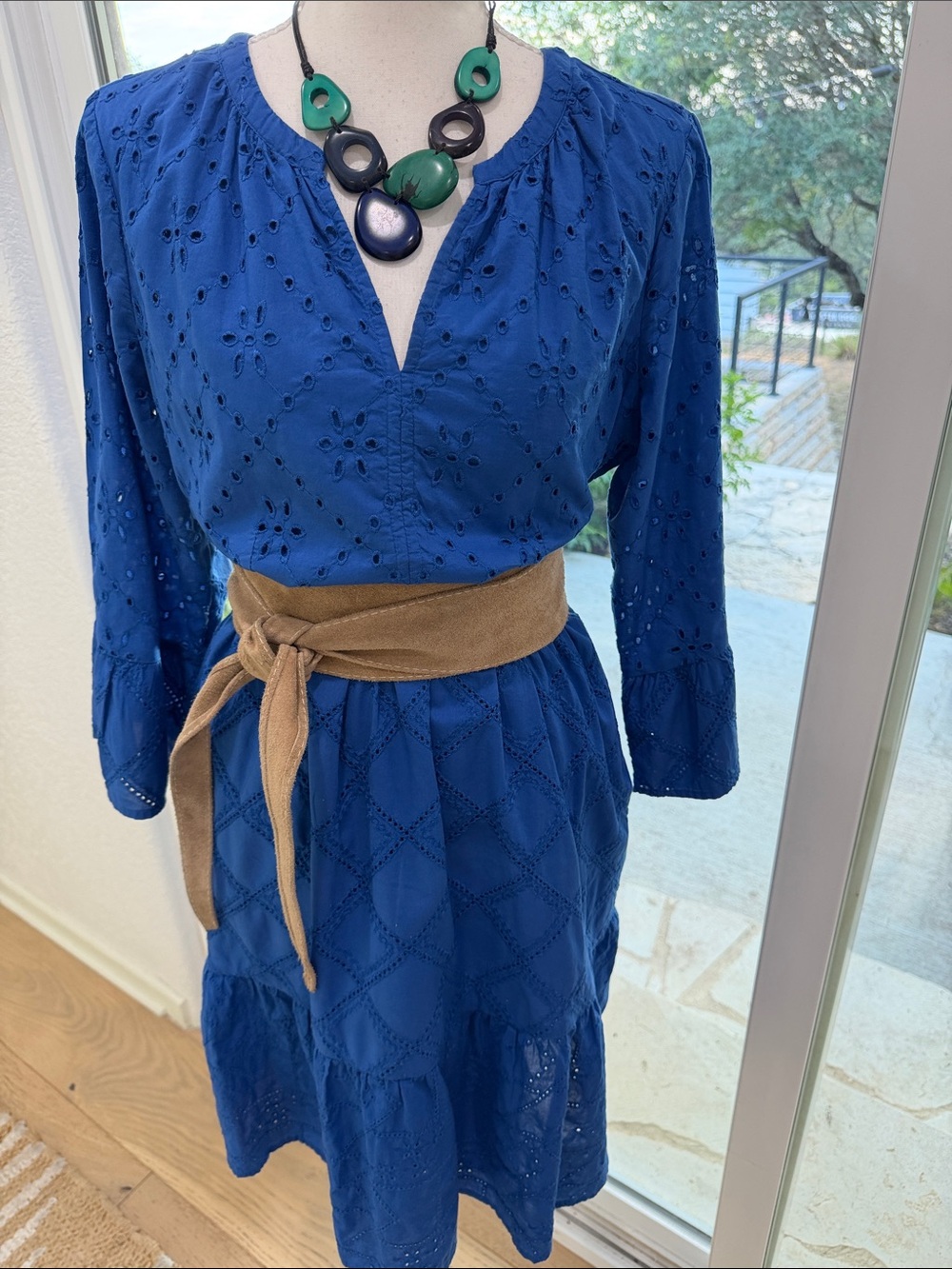 J. Jill Cobalt Blue Eyelet Midi Dress Small With Side Pockets 100% Cotton
